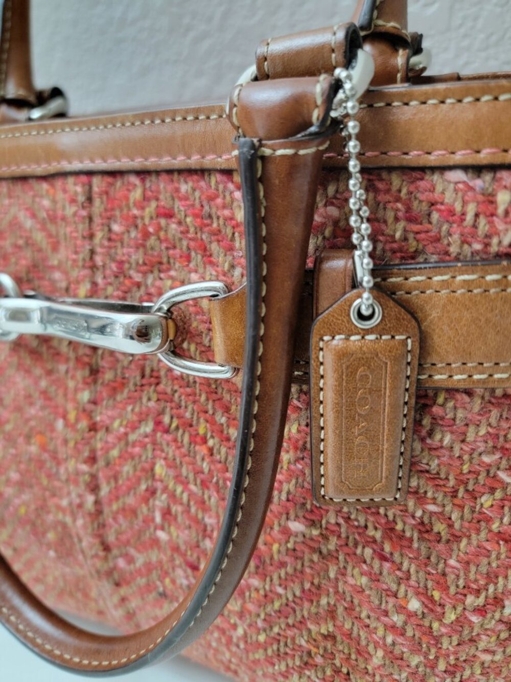 Coach Hampton Tweed Satchel Rose Herringbone Wool Leather Trim Bag Vintage F1121 - Picture 2 of 15